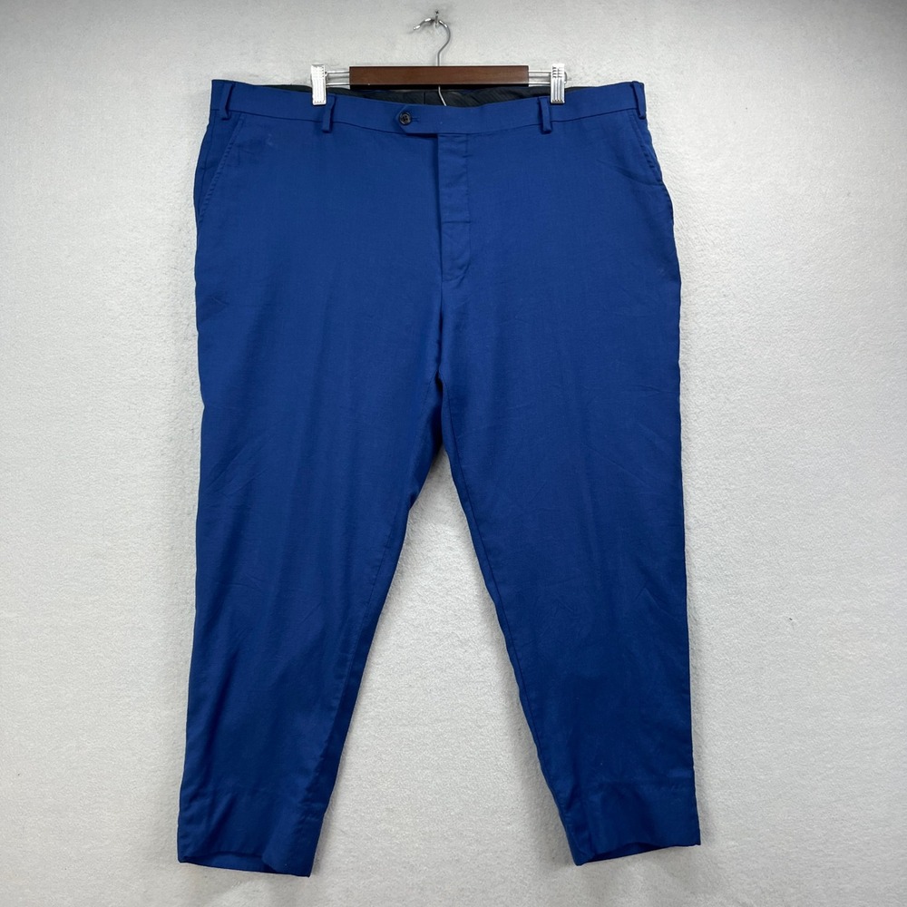 Jos A Bank Dress Pants Mens 44x26 Blue Wool Flat Front Trousers Business Preppy